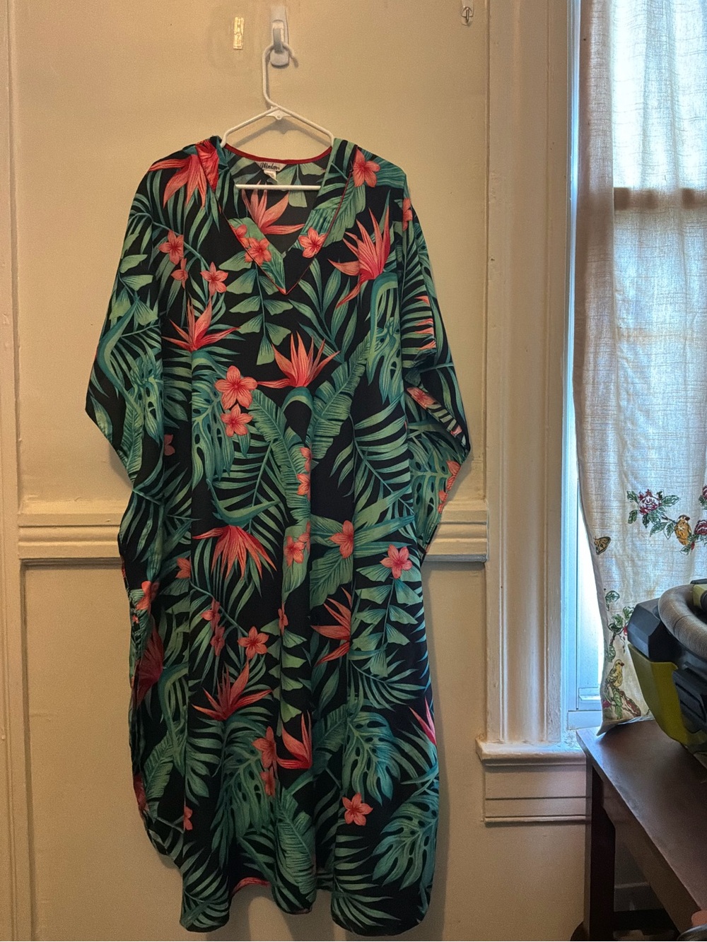Wink Floral Kaftan Top in Black, Teal & Coral with Red Trim